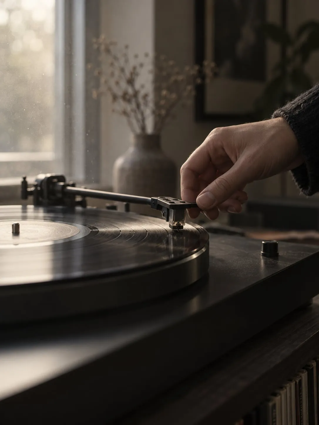 Una mano appoggia la puntina del giradischi su un vinile, con la luce di una finestra